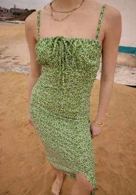 Kadın Yeşil Çiçekli Kadın Yırtmaçlı Elbise