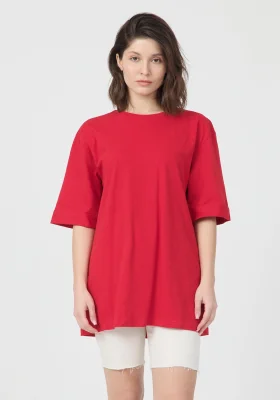 Kadın Kırmızı Oversize Duble Kol Bisiklet Yaka Basic Pamuklu Tişört