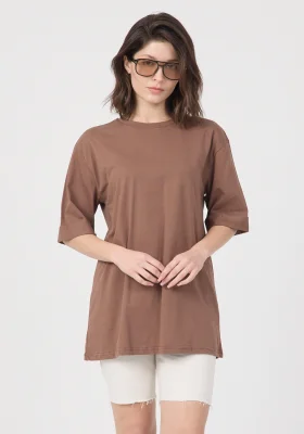 Kadın Kahve Oversize Duble Kol Bisiklet Yaka Basic Pamuklu Tişört