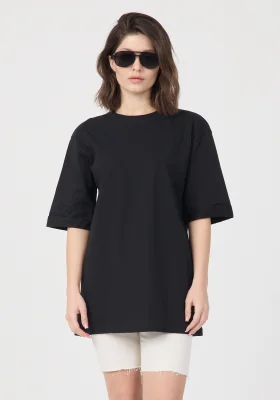 Kadın Siyah Oversize Duble Kol Bisiklet Yaka Basic Pamuklu Tişört