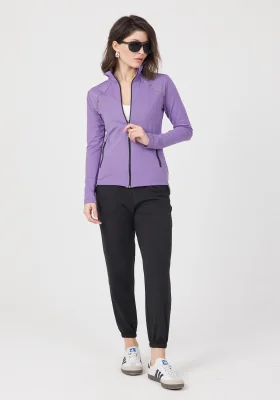 Kadın Mor Fermuarlı Dik Yaka Spor Ceket ve Siyah Jogger Alt Eşofman Takımı