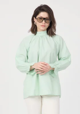 Kadın Yeşil Dik Yaka Büzgülü Kol Ağzı Volanlı Poplin Bluz