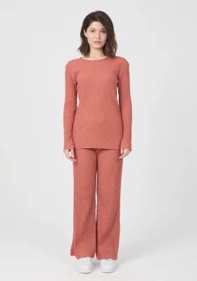 Kadın Mevsimlik Uzun Kollu Fitilli Kiremit Pijama Takımı