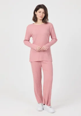 Kadın Mevsimlik Uzun Kollu Fitilli Pembe Pijama Takımı