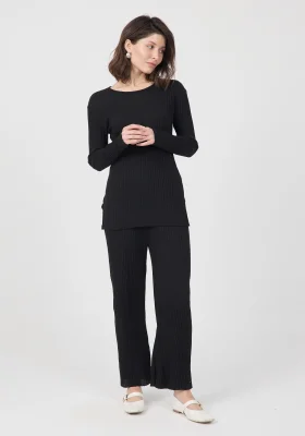 Kadın Mevsimlik Uzun Kollu Fitilli Siyah Pijama Takımı