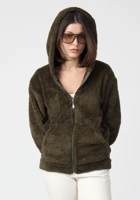 Kadın Kapüşonlu Fermuarlı Welsoft Yumuşak Kumaş Yeşil Peluş Polar