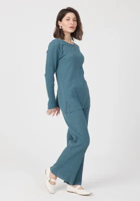 Kadın Mevsimlik Uzun Kollu Fitilli Petrol Yeşili Pijama Takımı