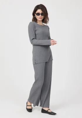 Kadın Mevsimlik Uzun Kollu Fitilli Gri Pijama Takımı