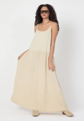 Kadın Bej İnce Askılı Pamuklu Maxi Bohem Yazlık Elbise