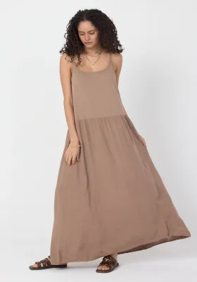 Kadın Kahverengi İnce Askılı Pamuklu Maxi Bohem Yazlık Elbise