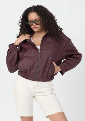 Kadın Bordo Oversize Fermuarlı Suni Deri Bomber Ceket