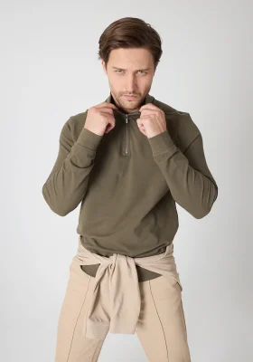 Erkek Dik Yaka Fermuarlı Sweatshirt - Haki