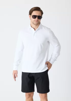 Erkek Polo Yaka Uzun Kollu Sweatshirt - Beyaz