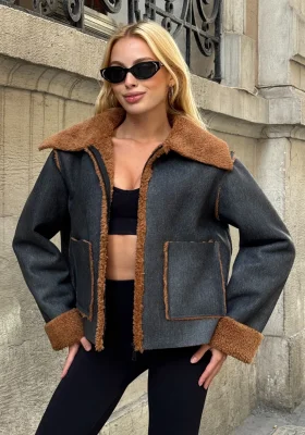 Kadın Füme Denim Görünümlü Peluş Astarlı Fermuarlı Ceket