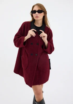 Kadın Oversize Siyah Yakalı Çift Düğmeli Teddy Kaban - Bordo