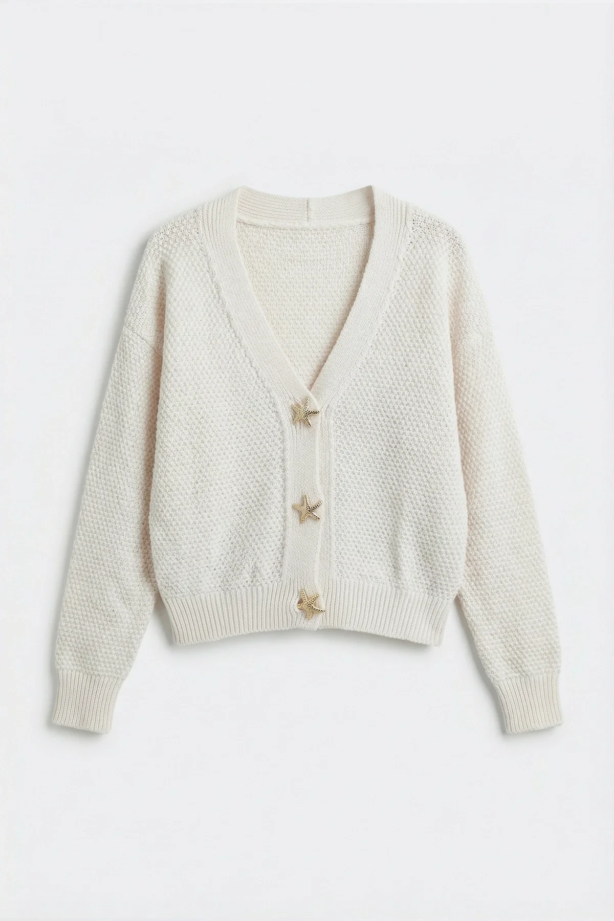 Kadın Gold Deniz Yıldızı Düğmeli Yumuşak Triko Hırka Ekru