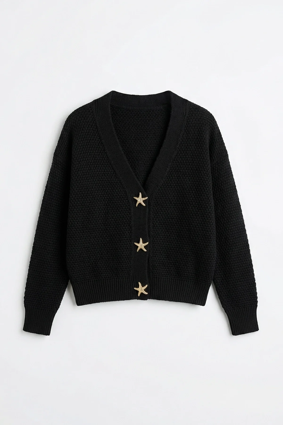 Kadın Gold Deniz Yıldızı Düğmeli Yumuşak Triko Hırka Siyah