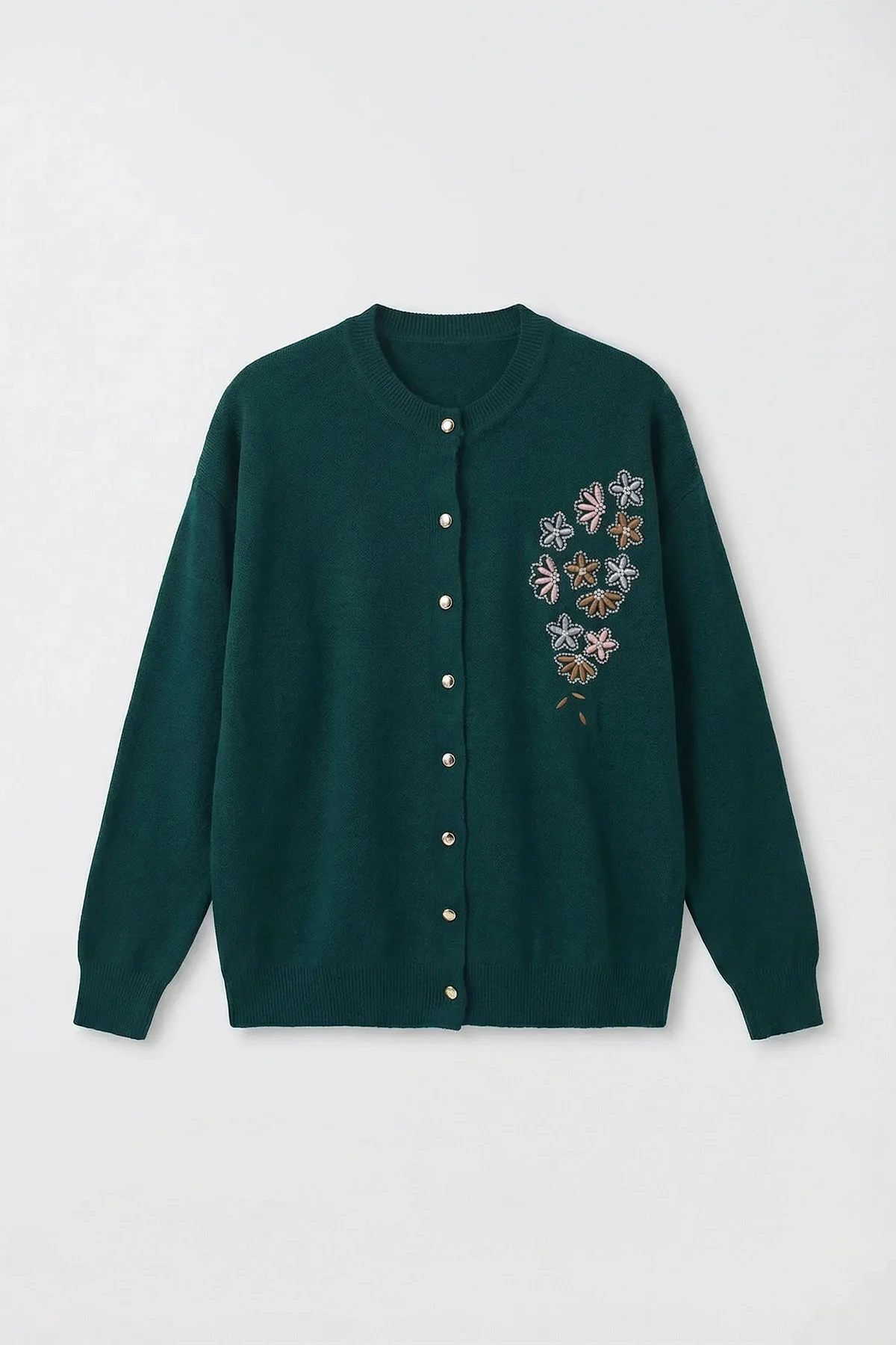 Kadın Petrol Nakış İşlemeli Boncuklu Triko Hırka