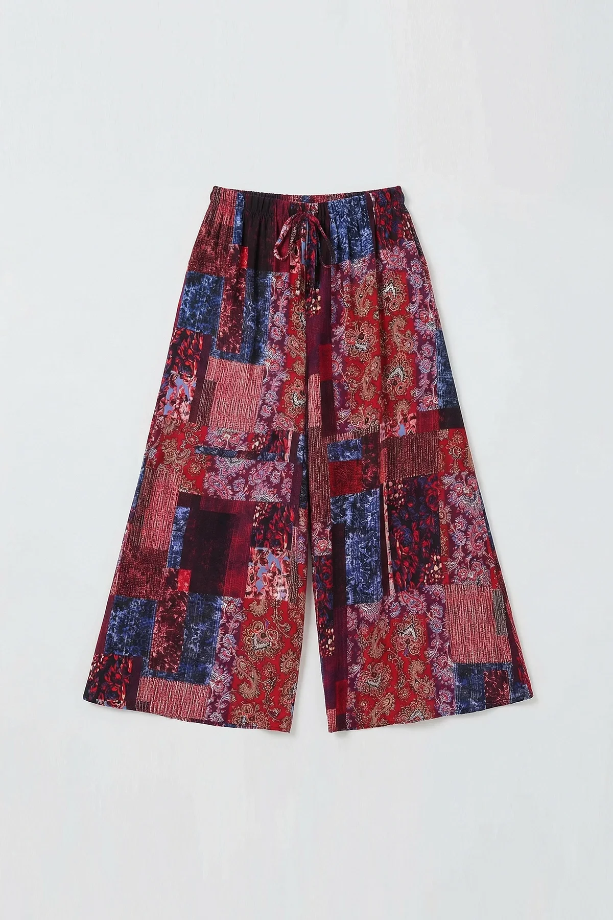 Geniş Paça Bel Lastikli Baskı Detaylı Viskon Pantolon Çok Renkli