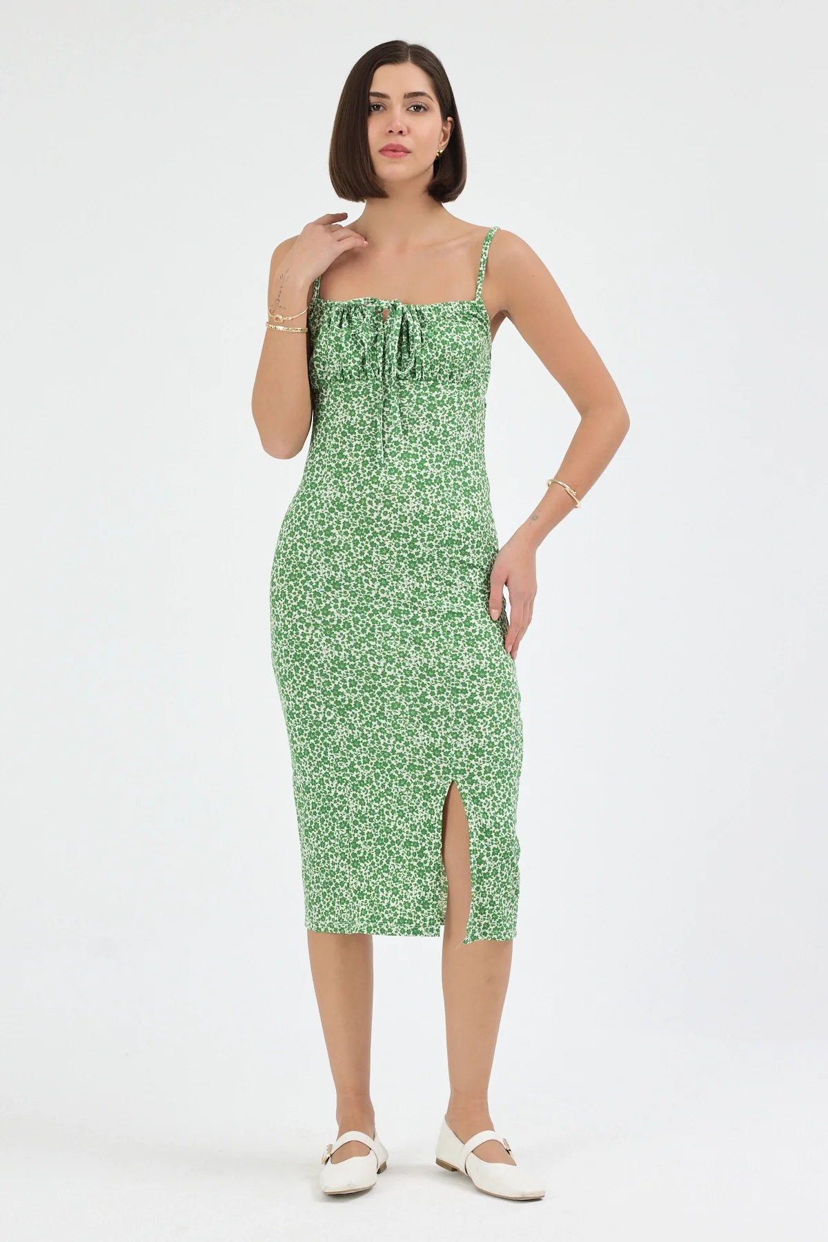 Kadın Yeşil Çiçekli Kadın Yırtmaçlı Elbise