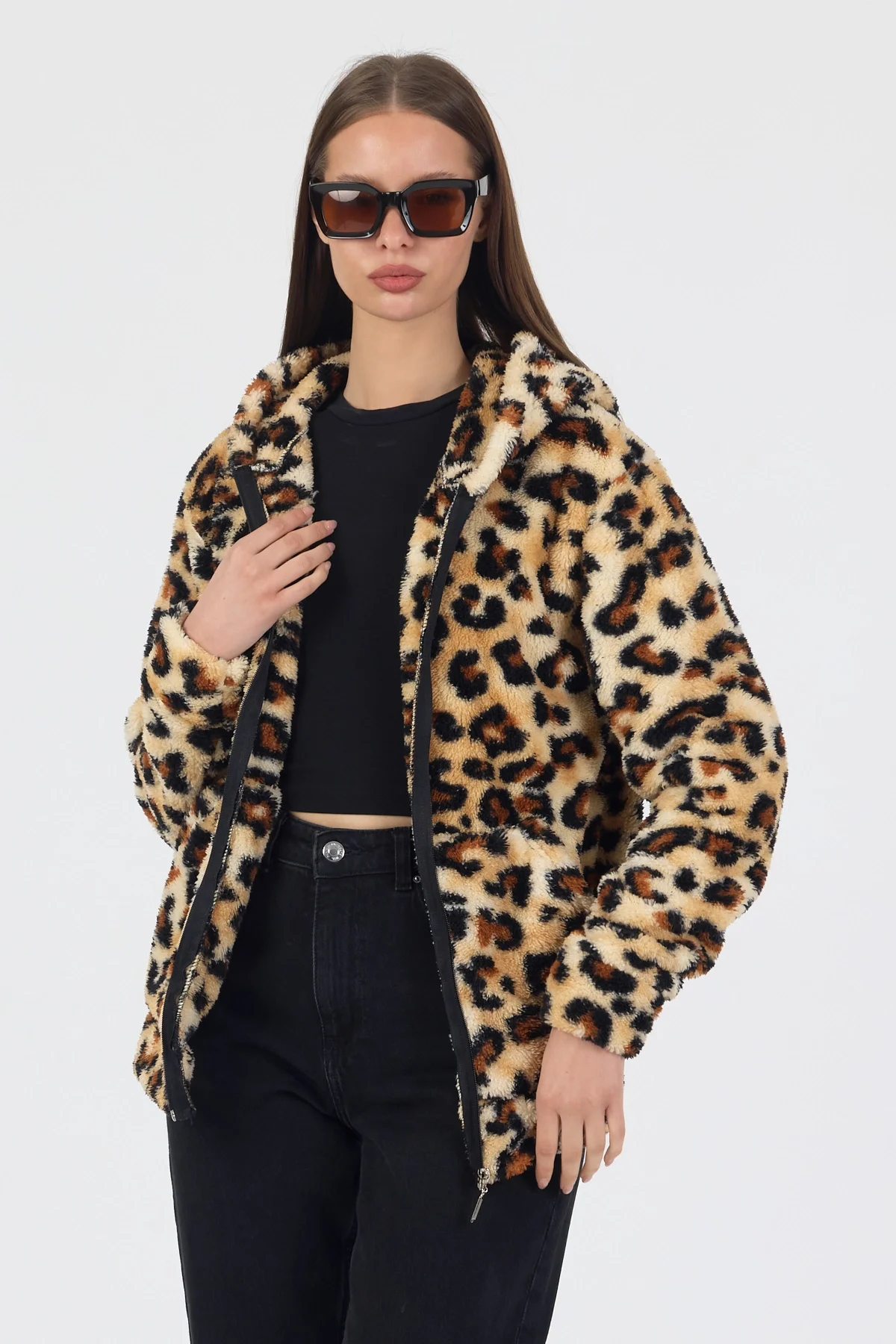 Kadın Kapüşonlu Fermuarlı Welsoft Yumuşak Kumaş Leopar Desenli Peluş Polar