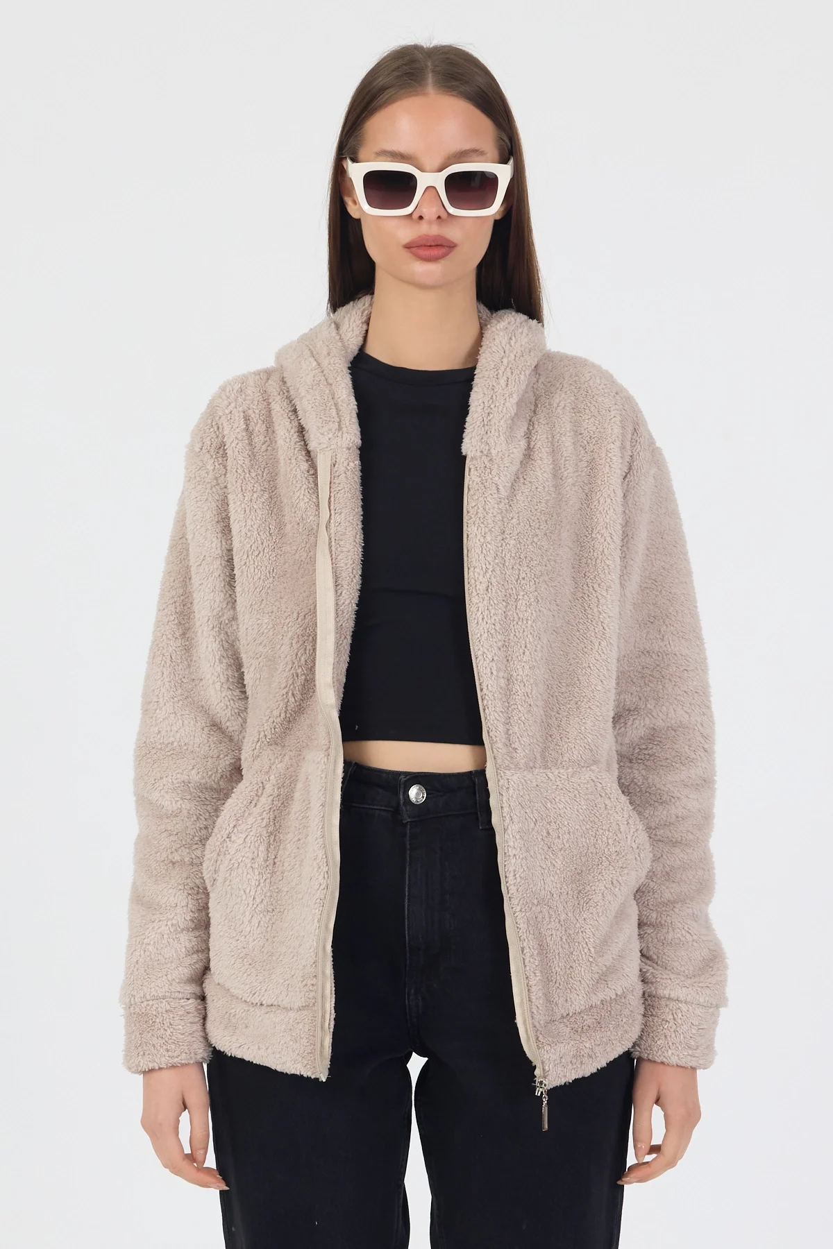 Kadın Kapüşonlu Fermuarlı Welsoft Yumuşak Kumaş Krem Peluş Polar