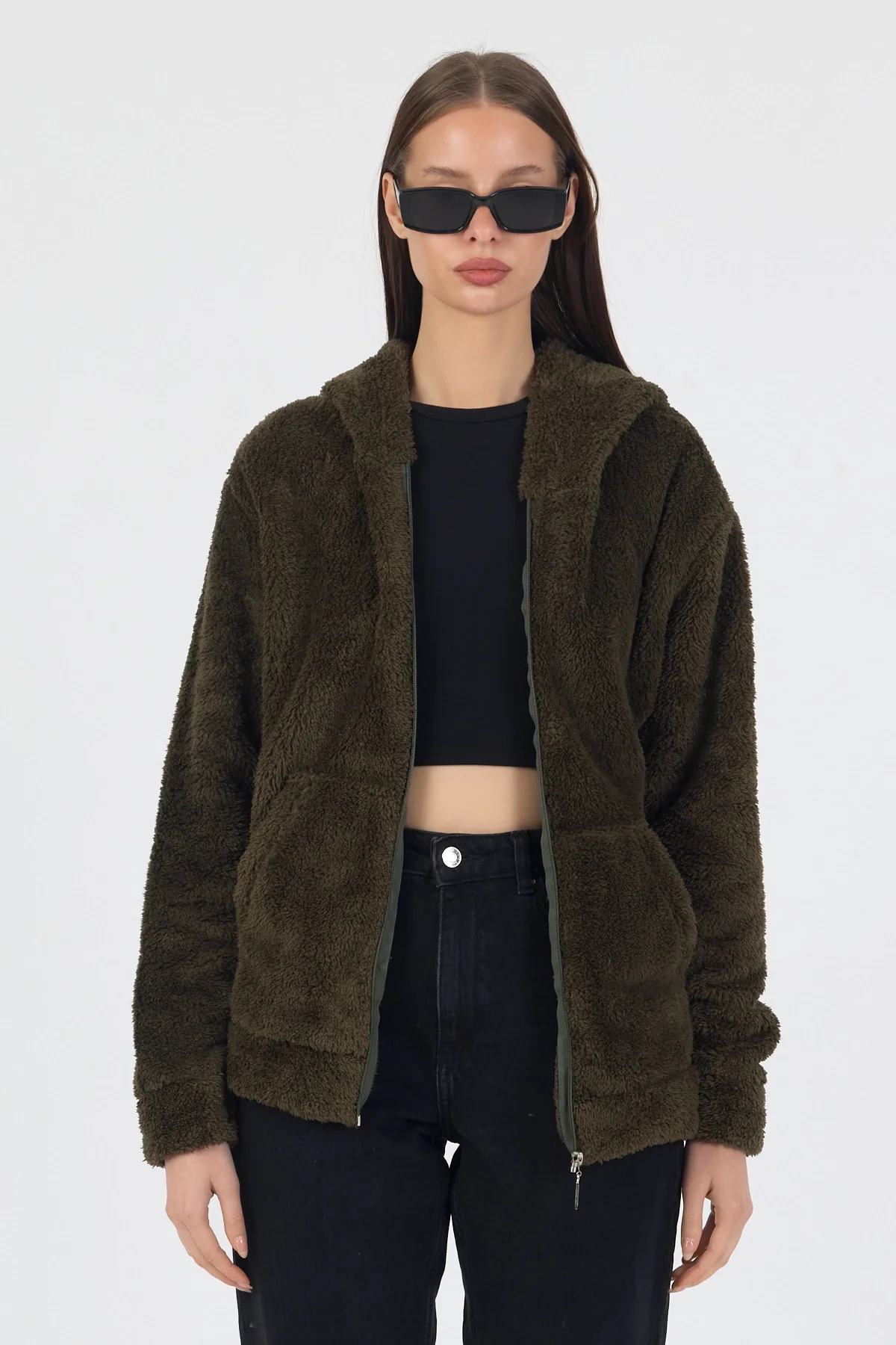 Kadın Kapüşonlu Fermuarlı Welsoft Yumuşak Kumaş Yeşil Peluş Polar