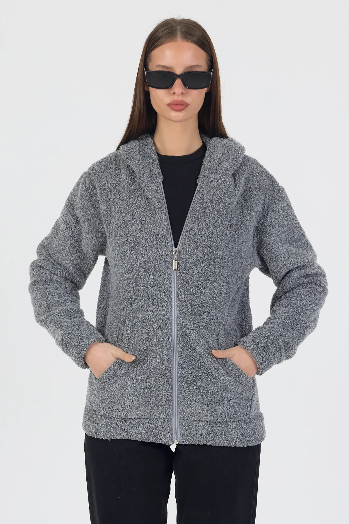 Kadın Kapüşonlu Fermuarlı Welsoft Yumuşak Kumaş Gri Peluş Polar