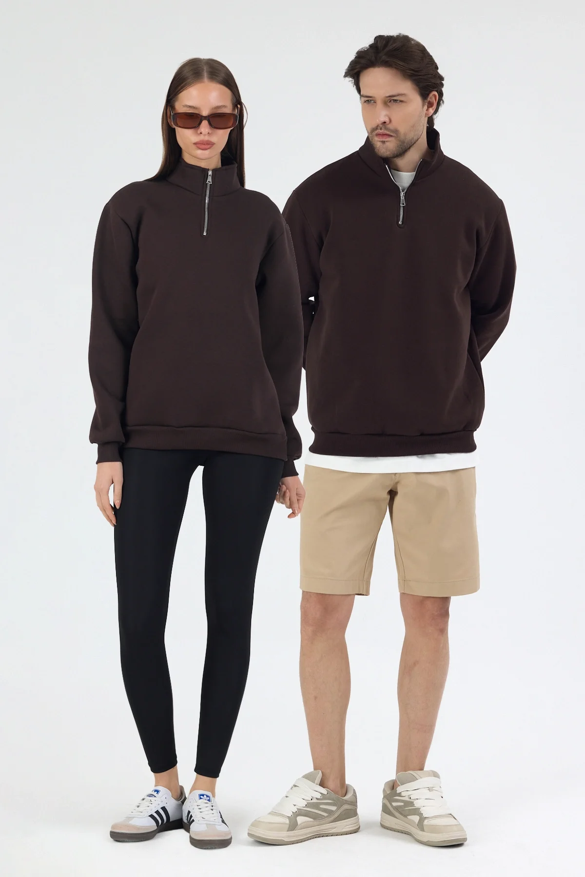 Unisex Balıkçı Yaka 3 İplik İçi Polarlı Şardonlu Oversize Kahve Sweatshirt