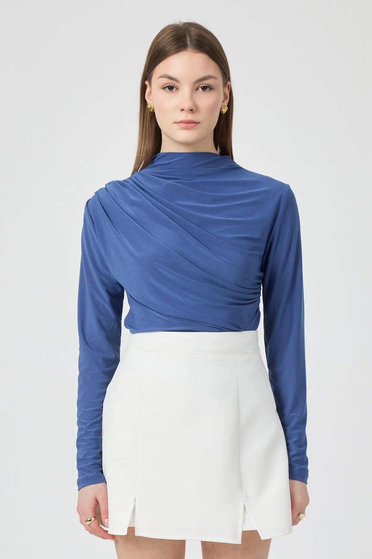 Kadın Büzgü Detaylı Uzun Kol Sandy Mavi Bluz