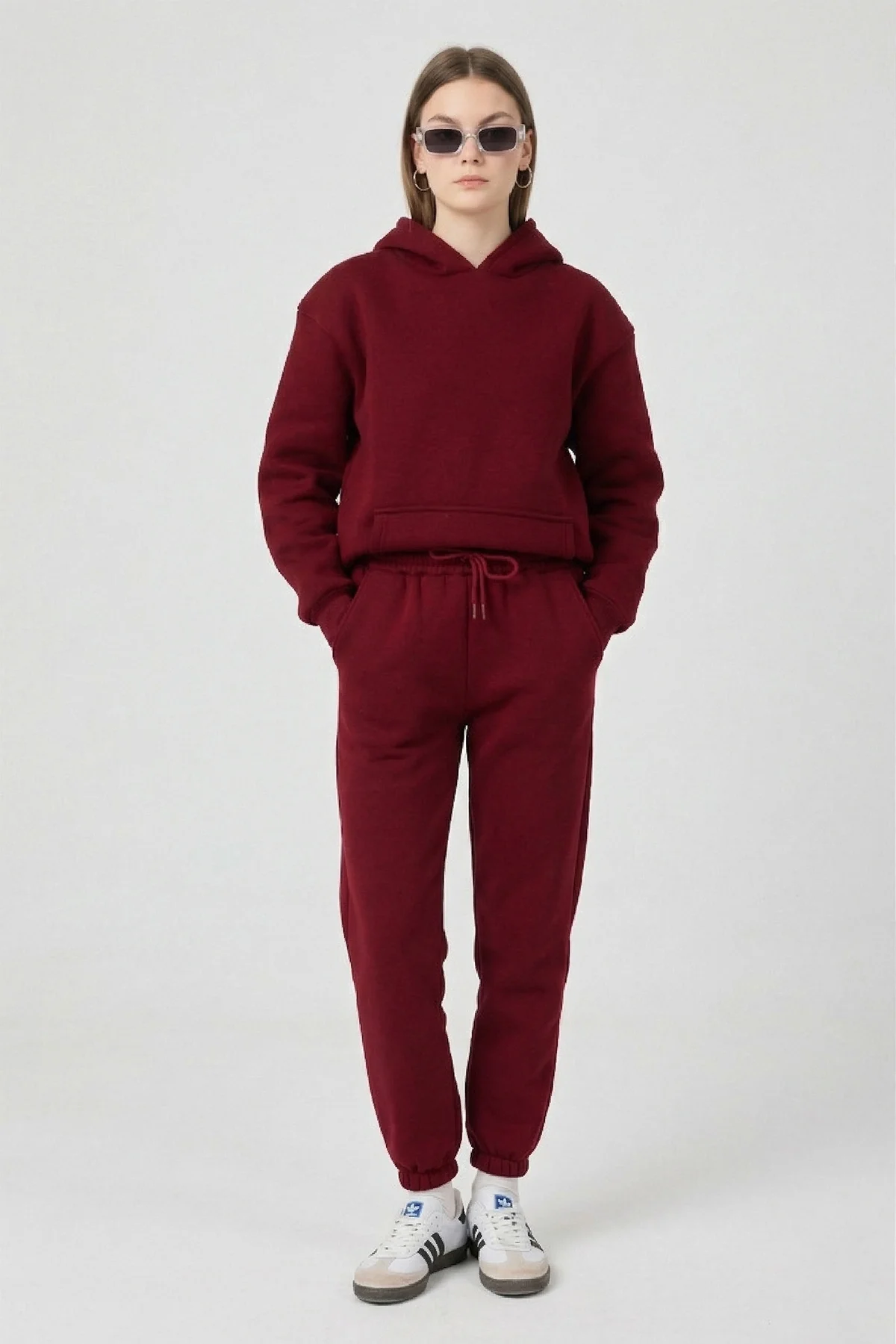 Kadın 3 İplik Lastikli Kapüşonlu Eşofman Takımı Bordo