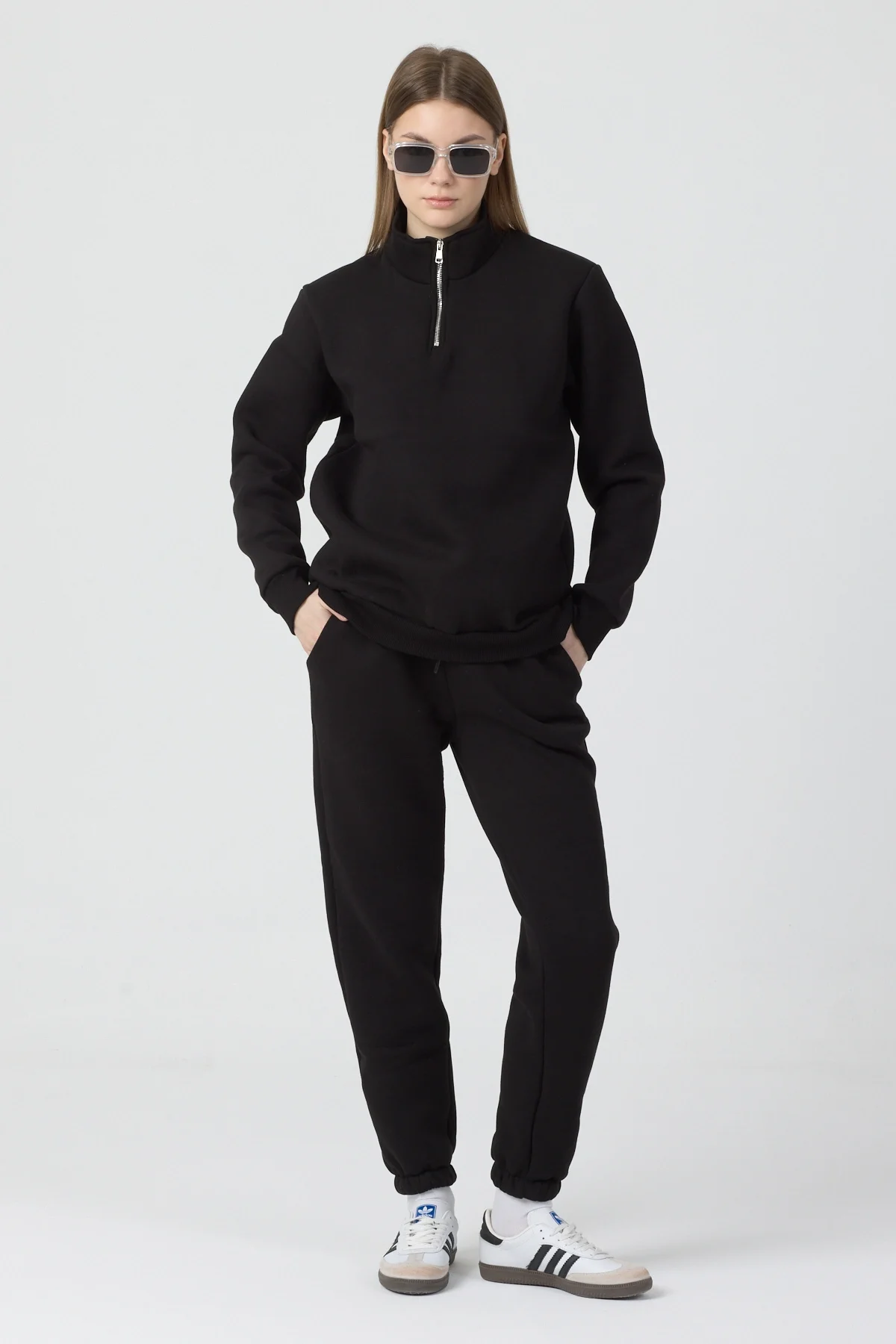 Kadın 3 İplik Lastikli Fermuar Dik Yaka Siyah Eşofman Takımı