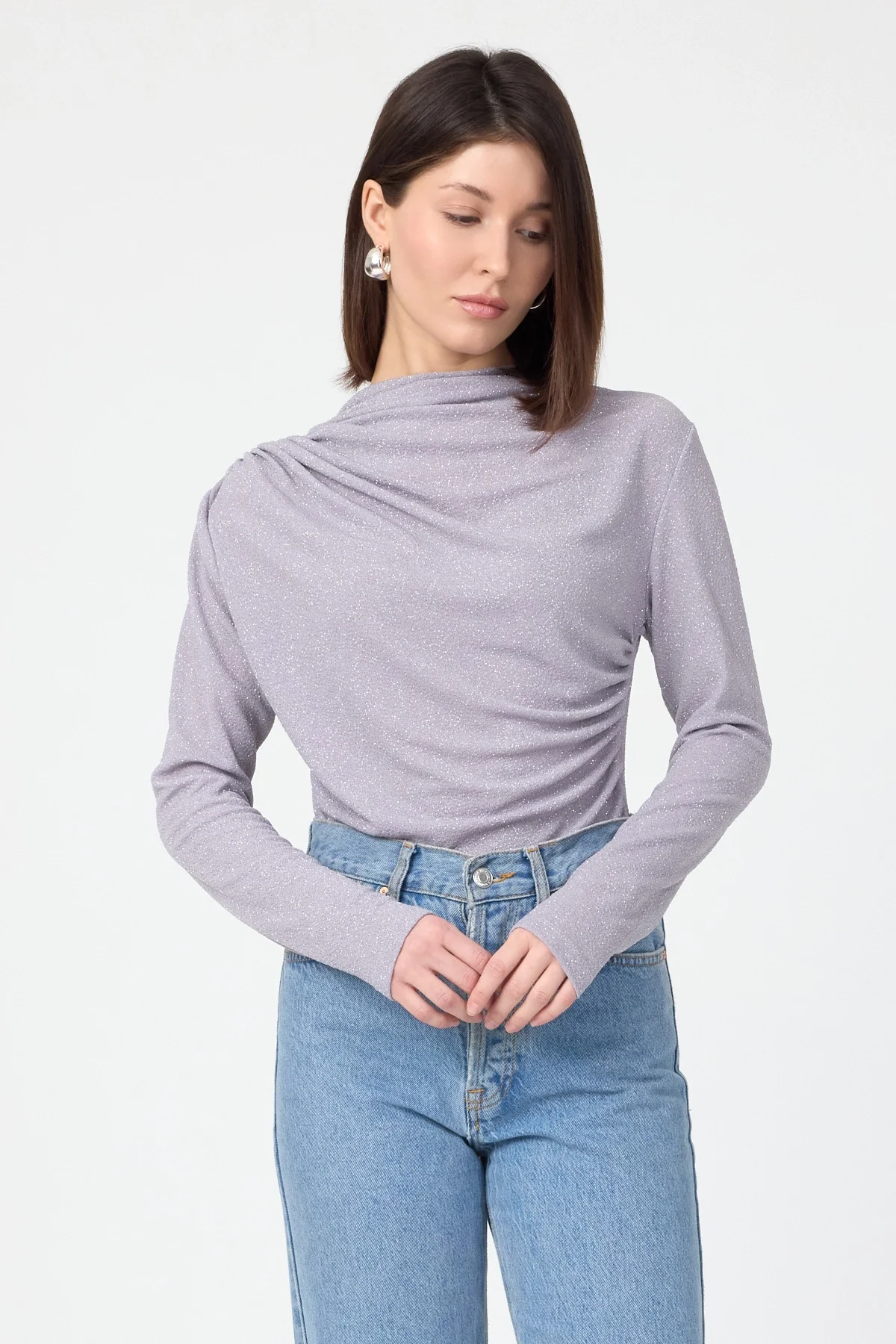 Kadın Büzgü Detaylı Uzun Kol Sandy Simli Gri Bluz