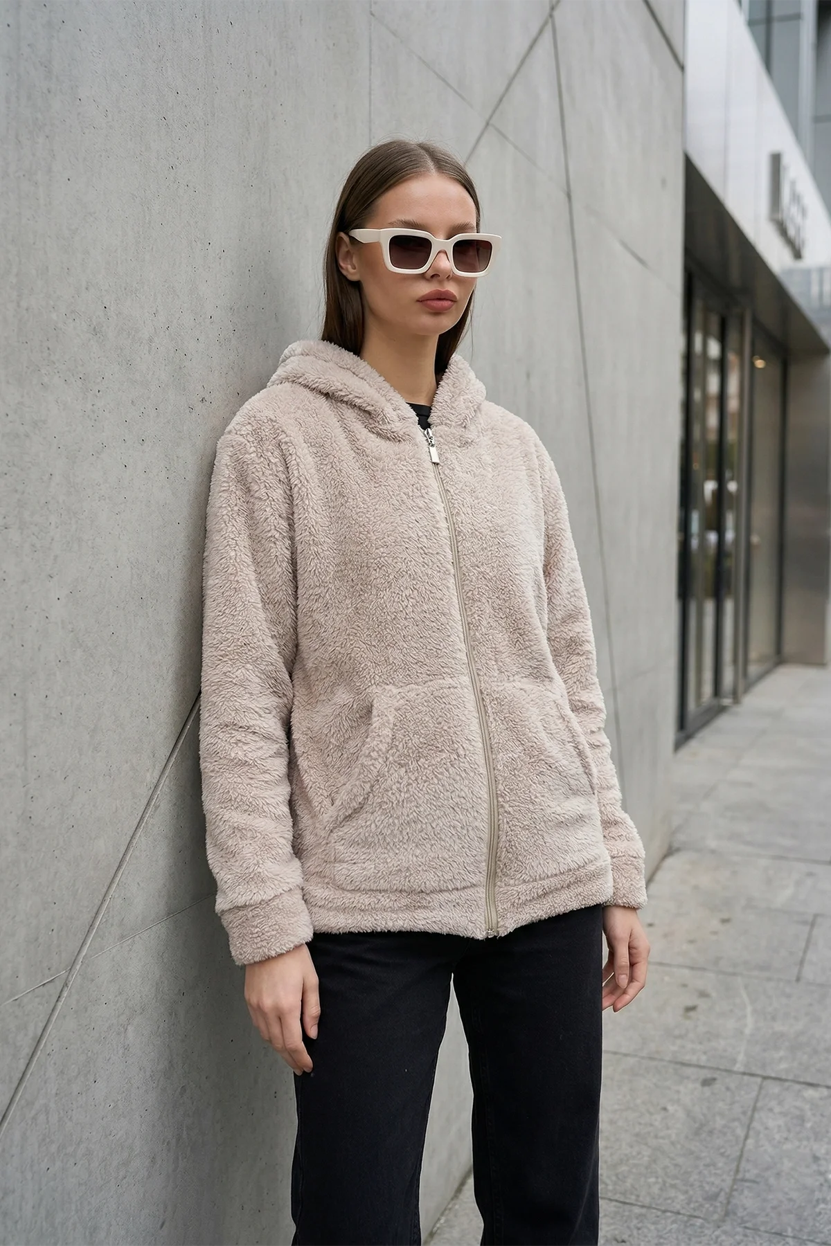 Kadın Kapüşonlu Fermuarlı Welsoft Yumuşak Kumaş Krem Peluş Polar
