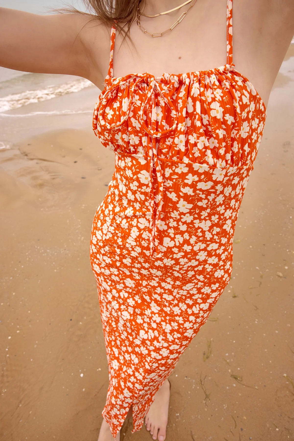 Kadın Turuncu Çiçekli Kadın Yırtmaçlı Elbise