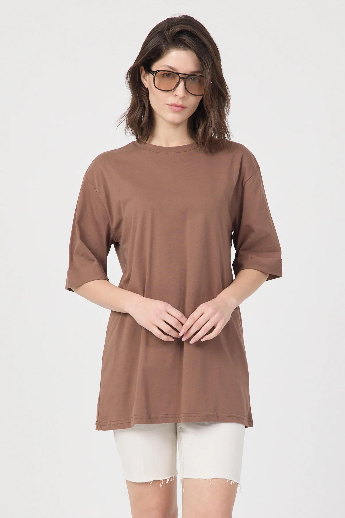 Kadın Kahve Oversize Duble Kol Bisiklet Yaka Basic Pamuklu Tişört