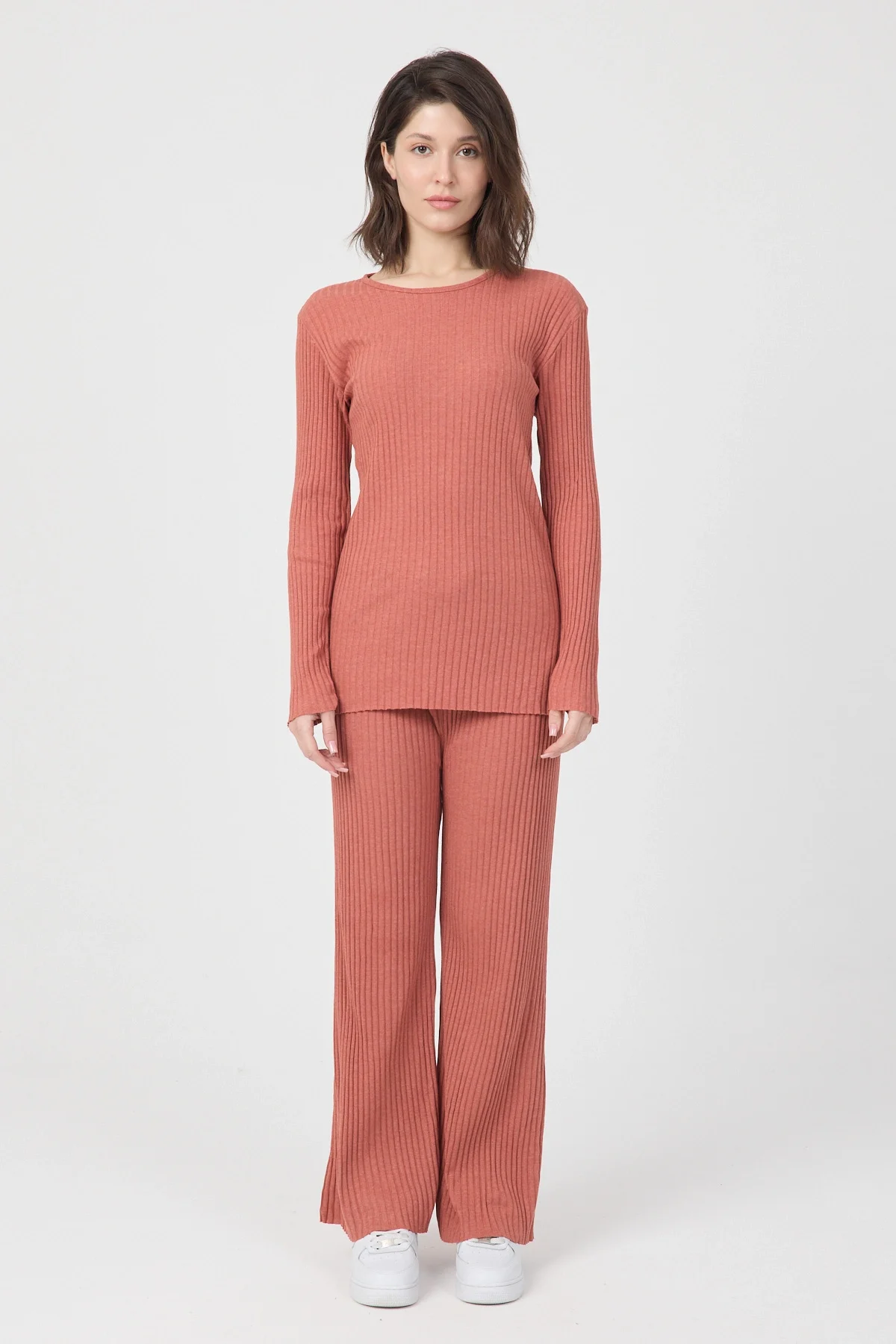 Kadın Mevsimlik Uzun Kollu Fitilli Kiremit Pijama Takımı