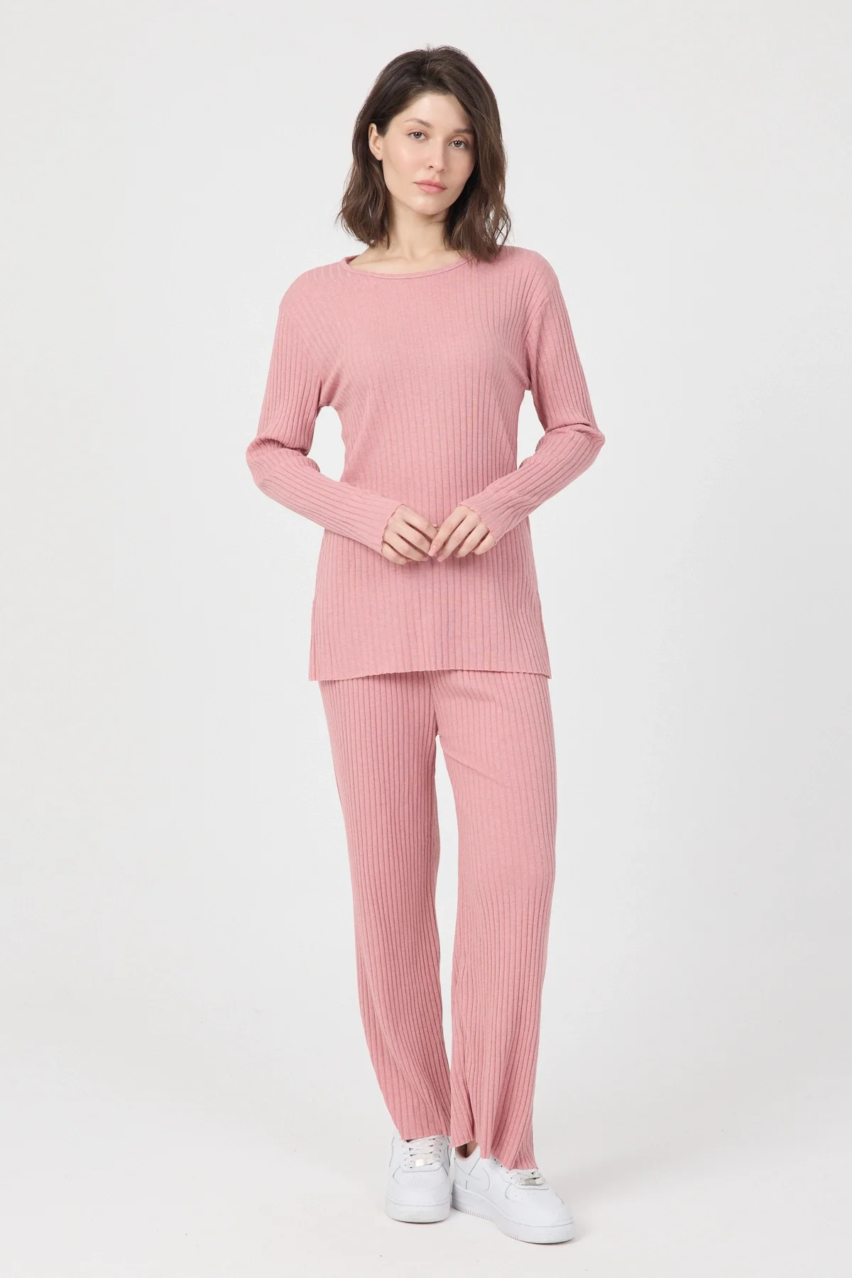Kadın Mevsimlik Uzun Kollu Fitilli Pembe Pijama Takımı