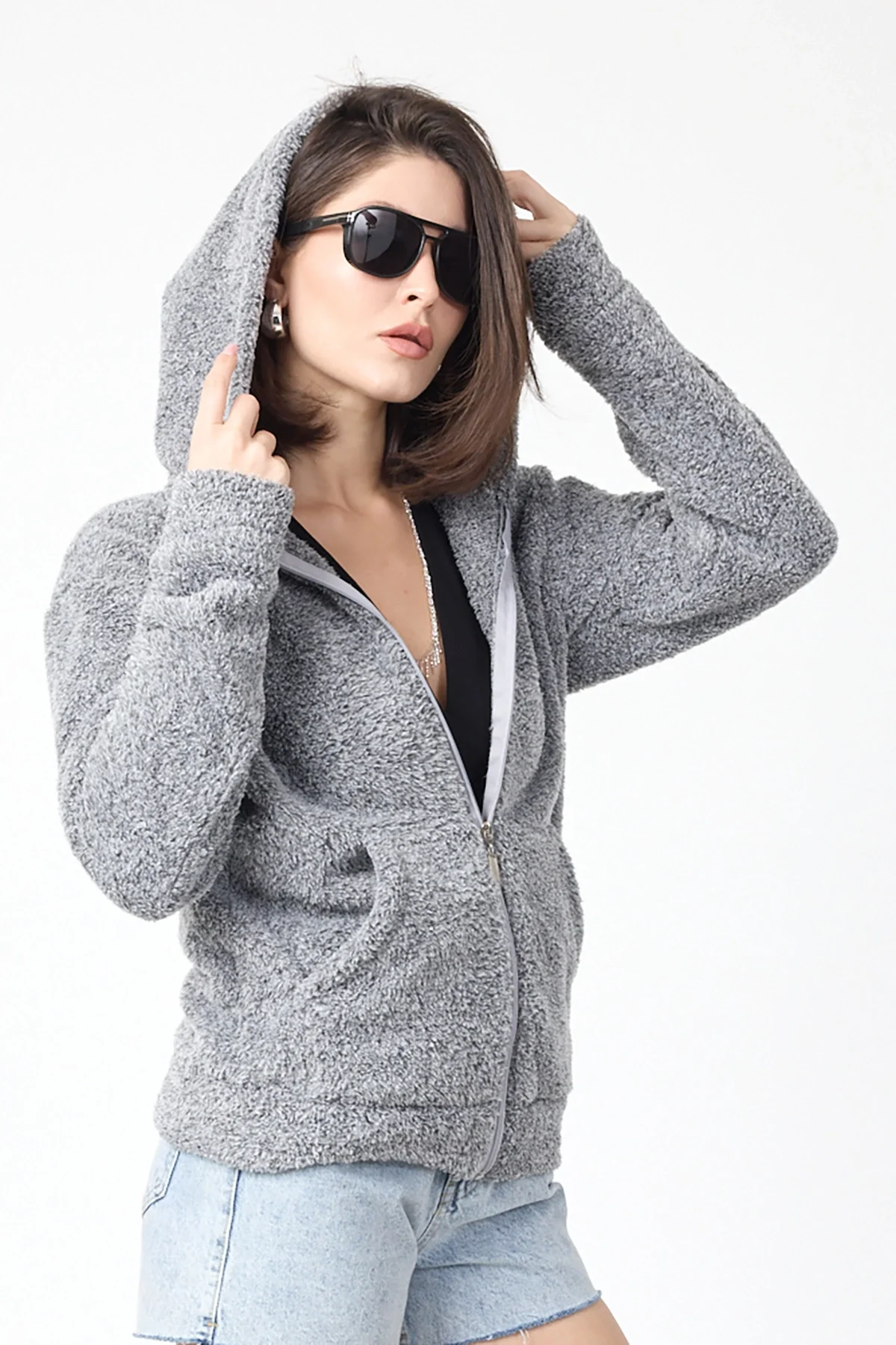 Kadın Kapüşonlu Fermuarlı Welsoft Yumuşak Kumaş Gri Peluş Polar