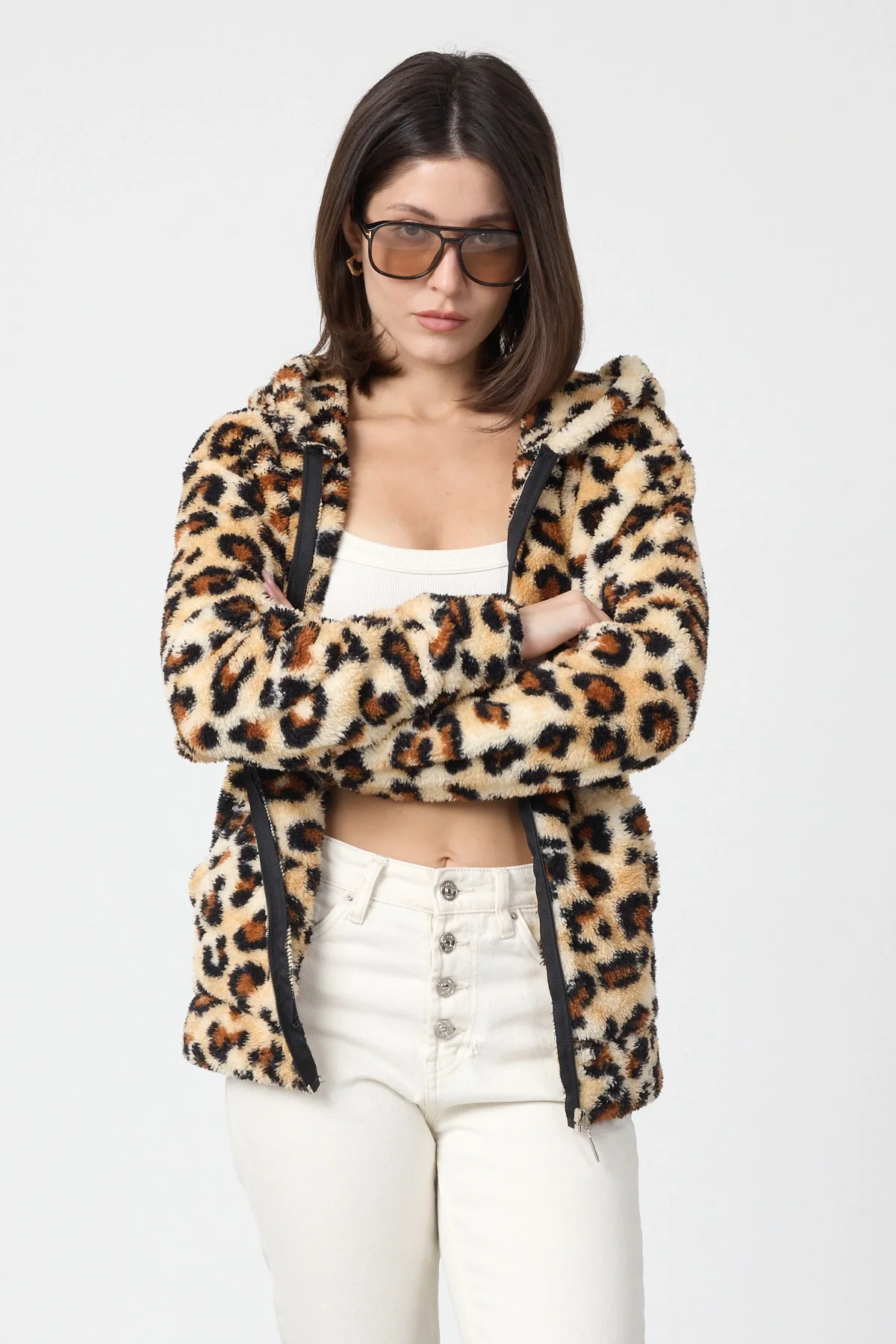 Kadın Kapüşonlu Fermuarlı Welsoft Yumuşak Kumaş Leopar Desenli Peluş Polar