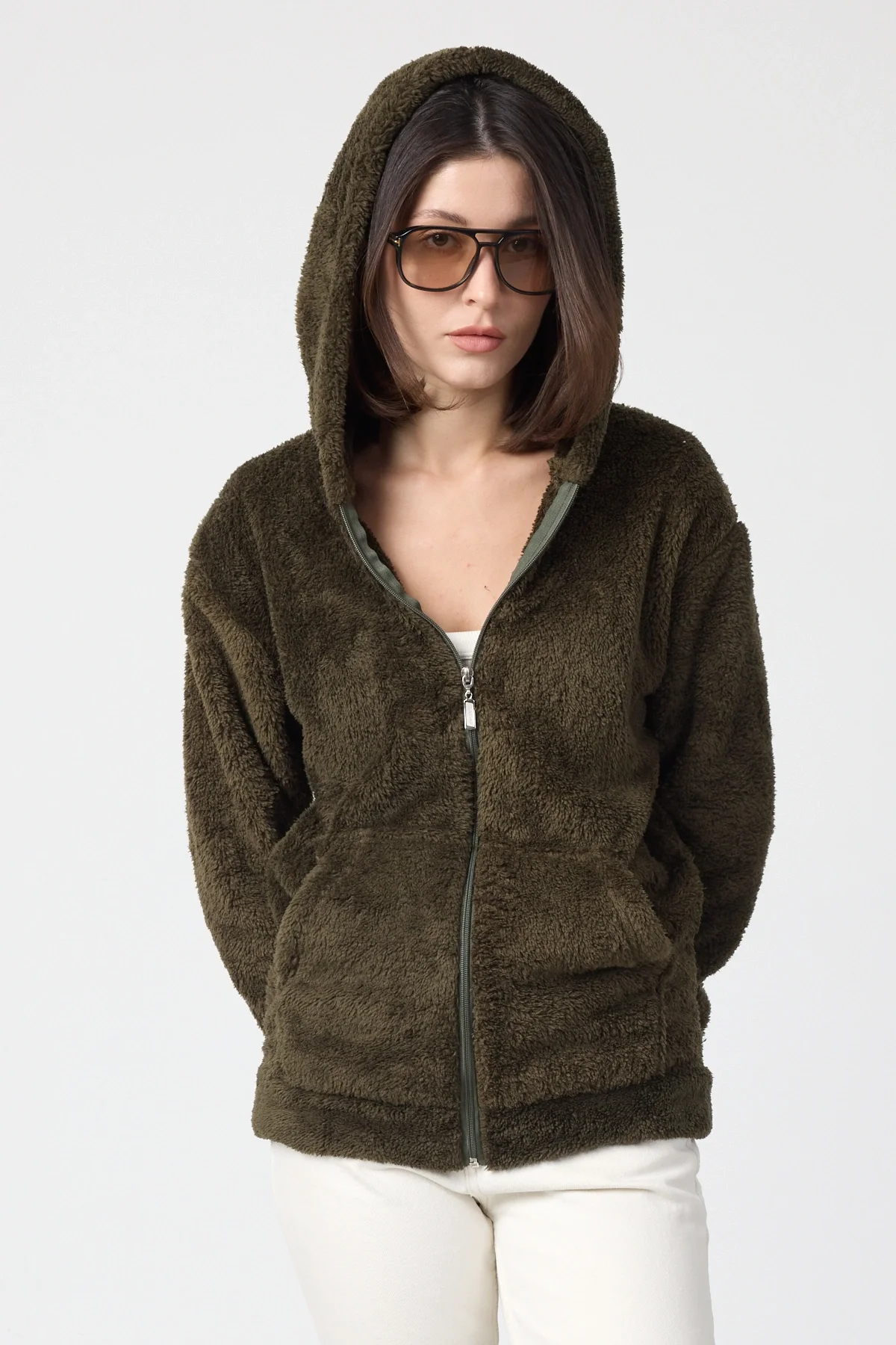 Kadın Kapüşonlu Fermuarlı Welsoft Yumuşak Kumaş Yeşil Peluş Polar