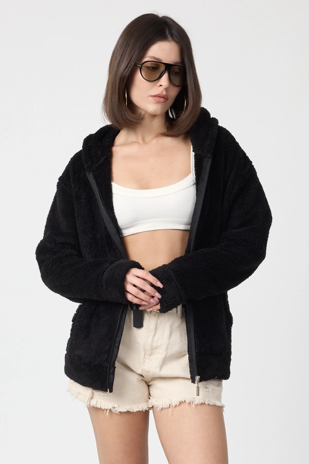 Kadın Kapüşonlu Fermuarlı Welsoft Yumuşak Kumaş Siyah Peluş Polar