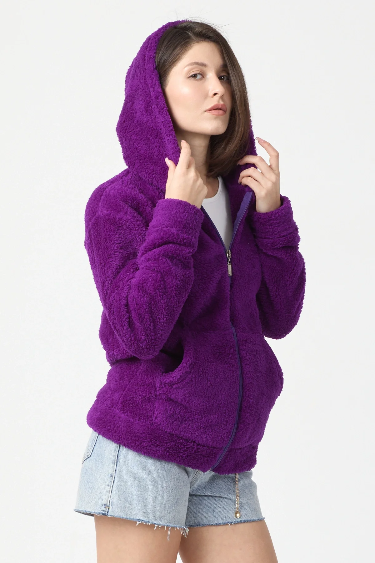 Kadın Kapüşonlu Fermuarlı Welsoft Yumuşak Kumaş Mor Peluş Polar