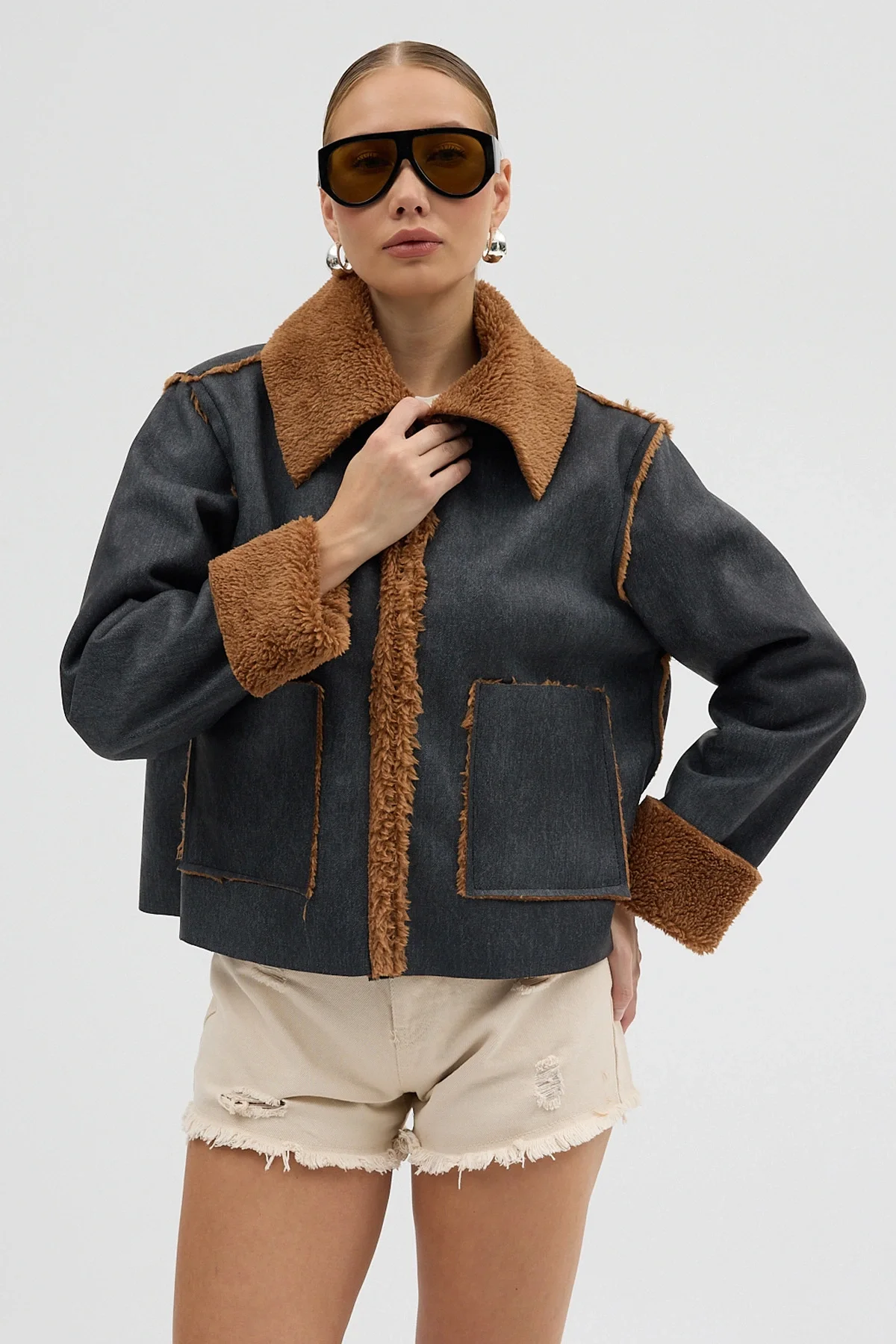 Kadın Füme Denim Görünümlü Peluş Astarlı Fermuarlı Ceket