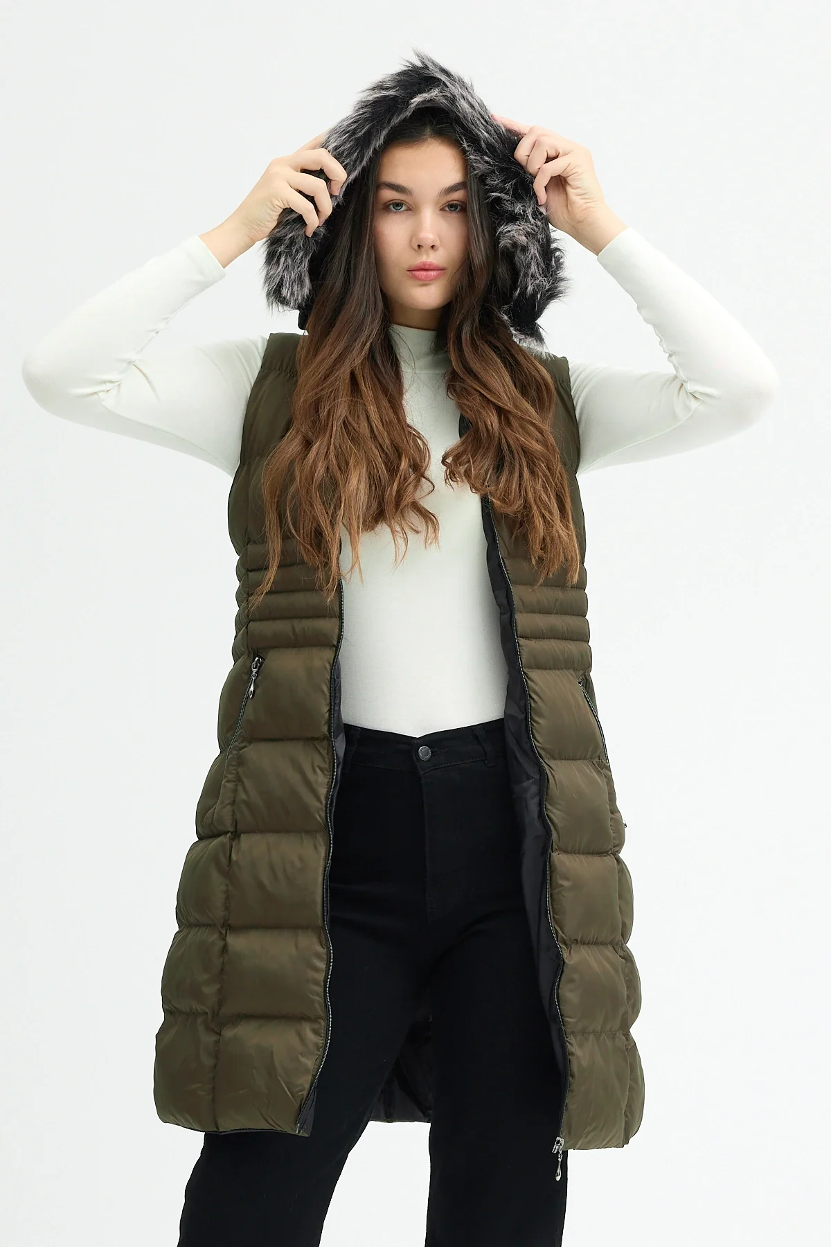 Kadın Haki Kapüşonlu Uzun Şişme Yelek