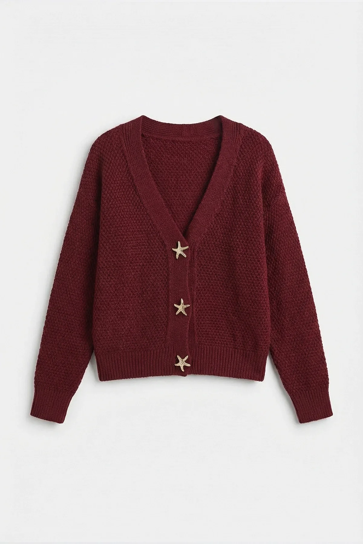 Kadın Gold Deniz Yıldızı Düğmeli Yumuşak Triko Hırka Bordo
