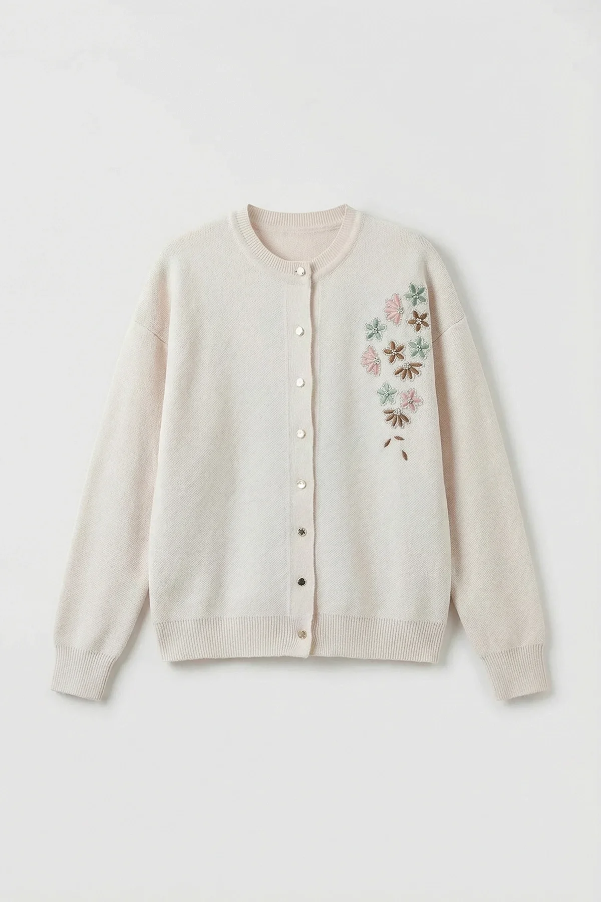 Kadın Ekru Nakış İşlemeli Boncuklu Triko Hırka