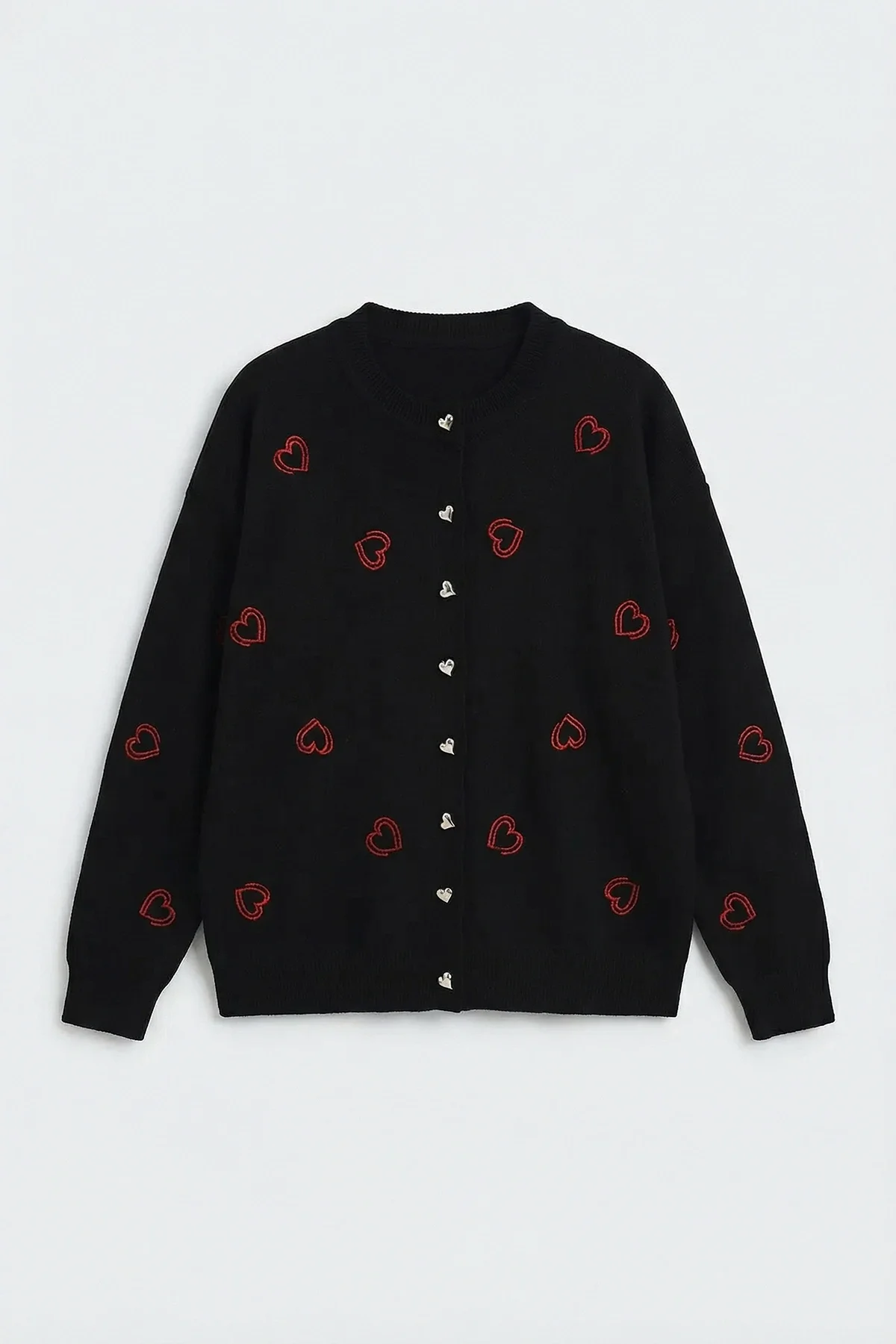 Kadın Kalp Nakışlı Şık Düğmeli Triko Hırka Siyah