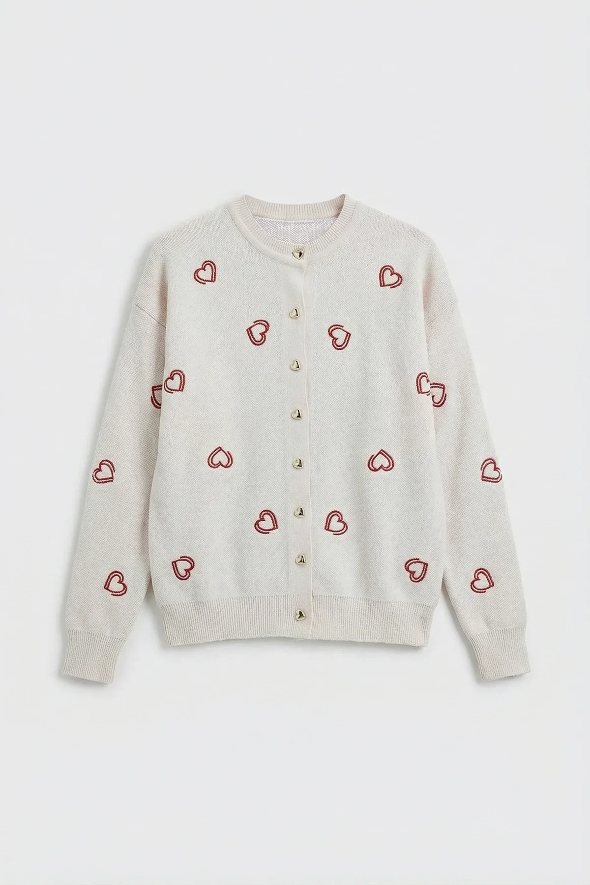 Kadın Kalp Nakışlı Şık Düğmeli Triko Hırka Ekru