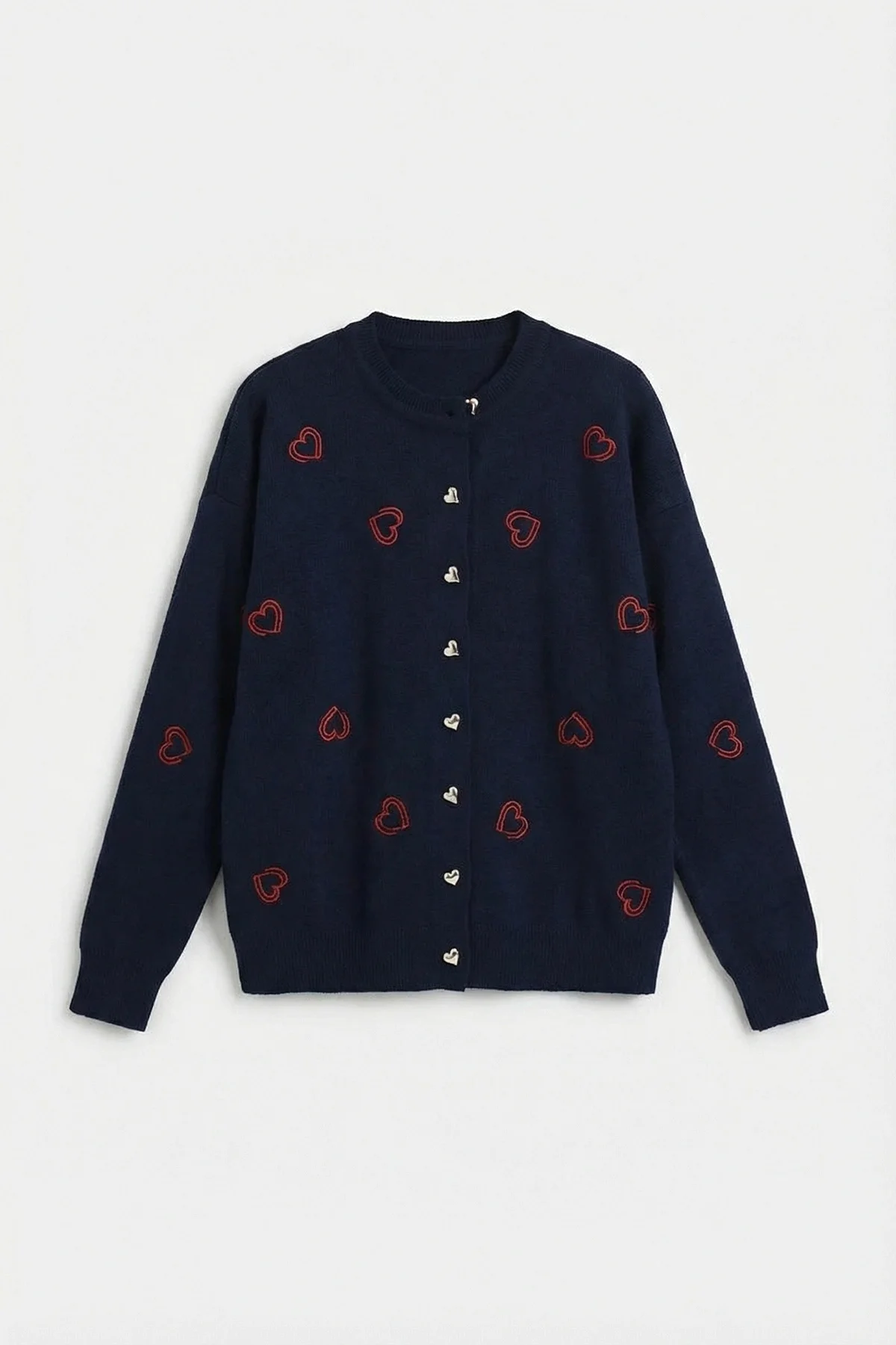 Kadın Kalp Nakışlı Şık Düğmeli Triko Hırka Lacivert